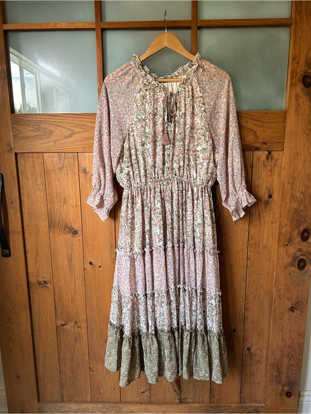Boho Tiered Floral Midi Dress in Dusty Pink